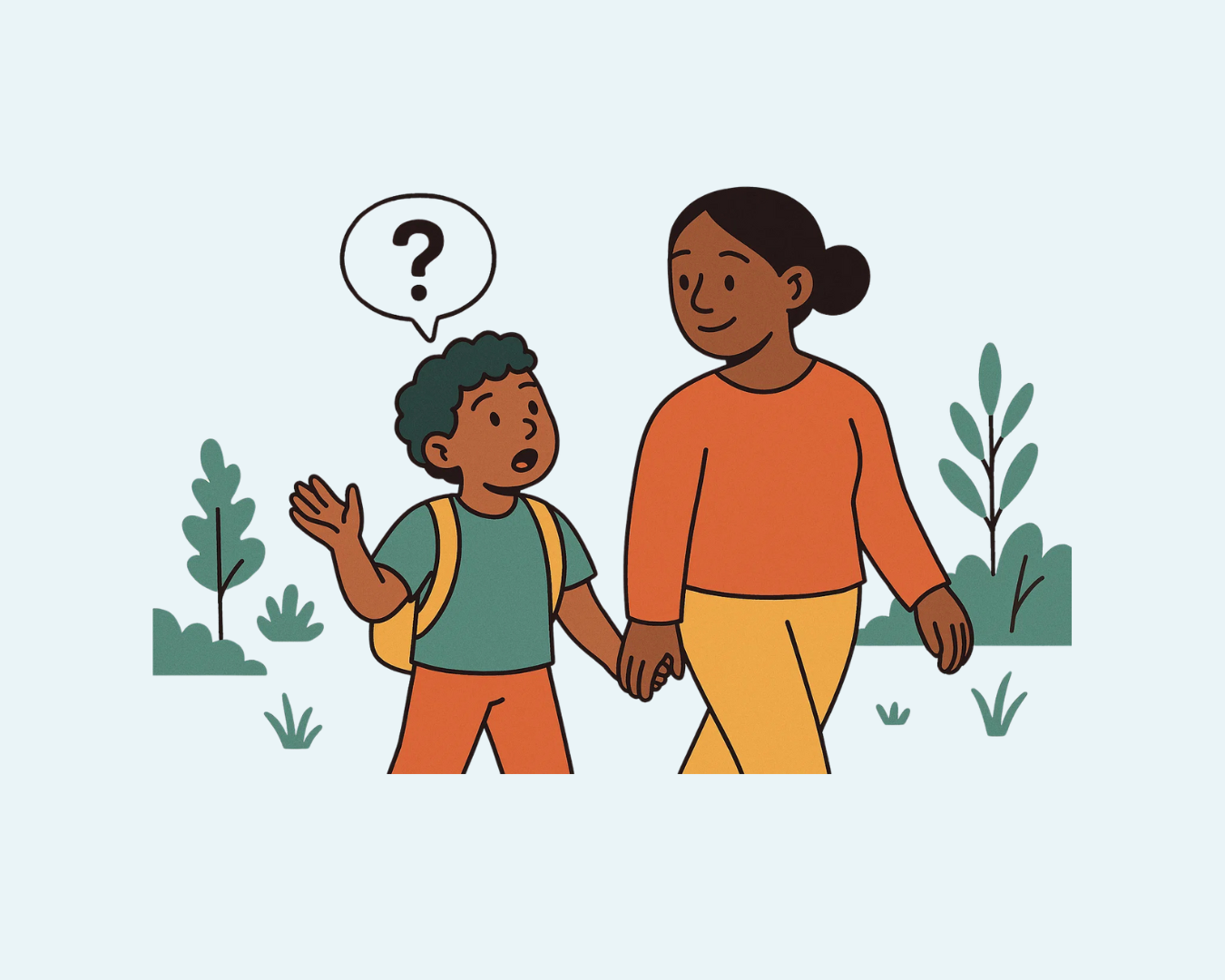 Cartoon illustration of a parent and child walking in a park. The child gestures with curiosity, a question mark above their head. The parent walks beside them, listening attentively.