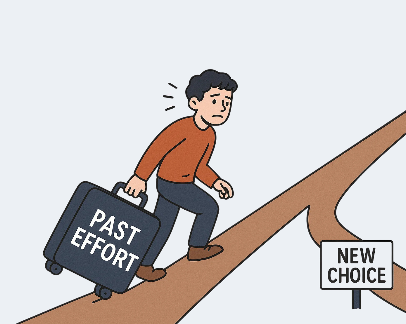 Illustration of a person dragging a heavy suitcase labeled “past effort” uphill while ignoring an easier path marked “new choice” — representing the sunk cost fallacy.