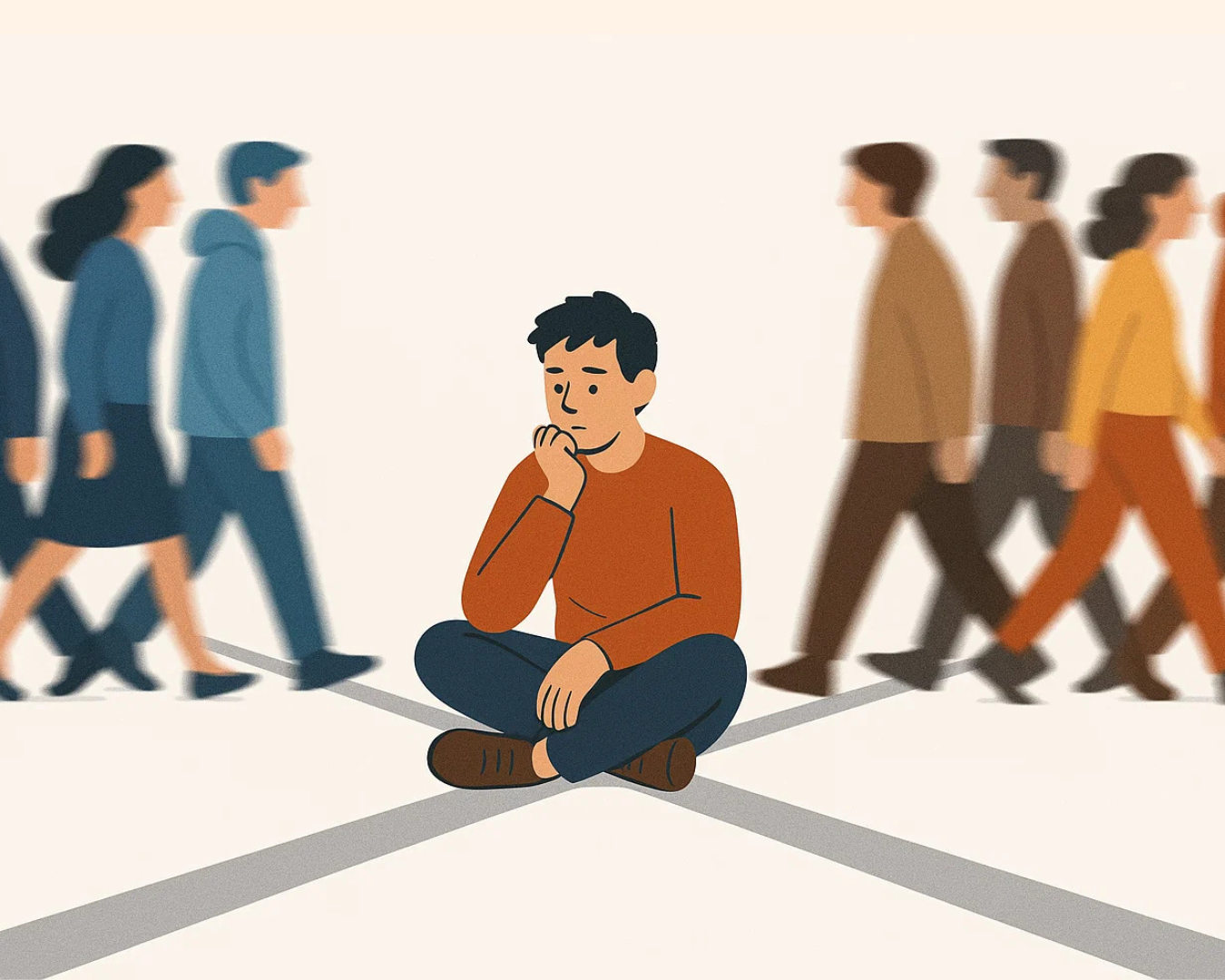 Illustration of a lone person sitting thoughtfully at a crossroads while two crowds rush by — symbolising the difficulty of thinking independently amid herd behaviour.
