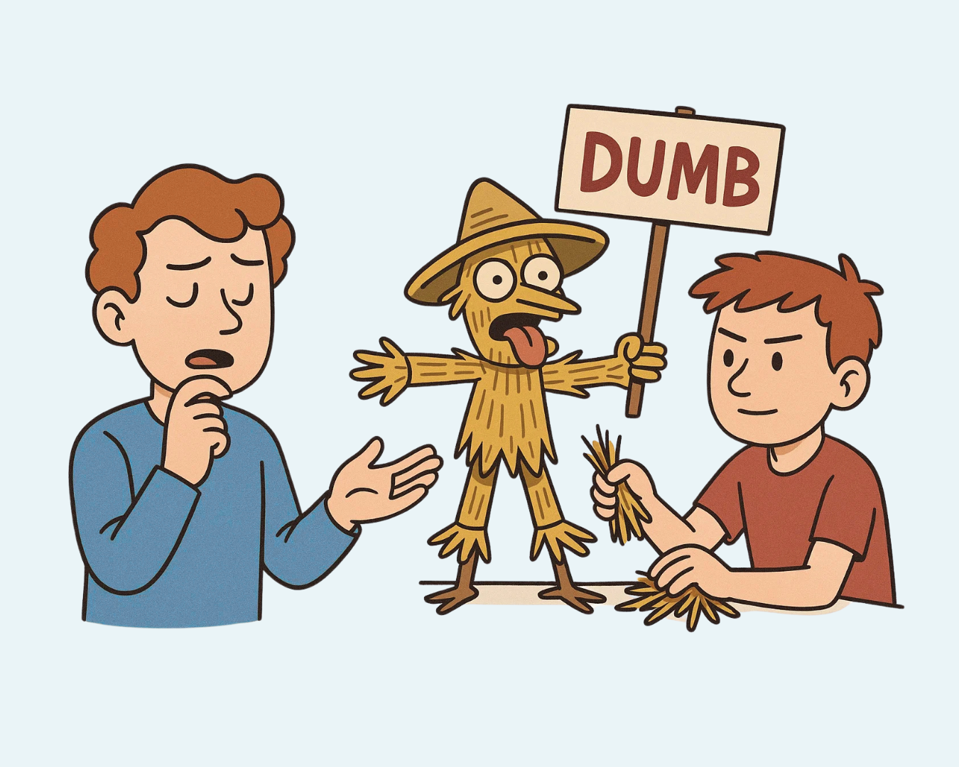 Illustration of a person speaking seriously while someone else constructs a straw dummy version of their argument — representing the straw man fallacy.