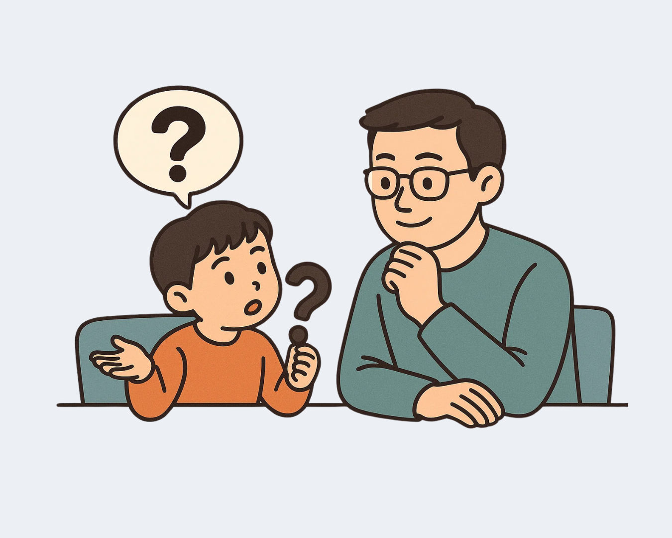 Flat cartoon illustration of a child and adult sitting together, engaged in thoughtful conversation. The child gestures with a question mark, and the adult listens attentively.