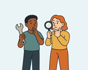 Illustration of two characters — one holding a wrench to represent problem solving, the other holding a magnifying glass to represent critical thinking. 